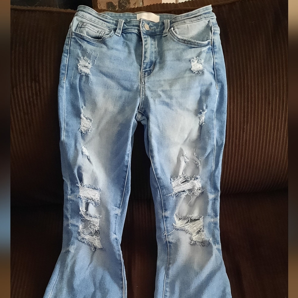 Vervet Sky Blue Ripped Wide Leg Jeans